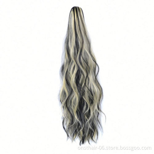 MYZYR Corn Wavy Long P onytail Synthetic Hairpiece Wrap on Clip Hair Extensions Ombre Brown P ony Tail Blonde Fack Hair